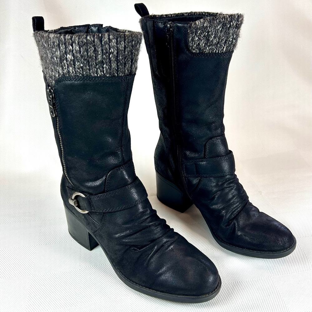 Baretraps Wylla Black Mid-Calf Boots– Size 8.5 Sweater Collar & Buckle EUC